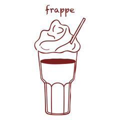 Minimal line drawing of frappe, whipped topping, beverage cup, modern coffee bar menu, brown outline style.