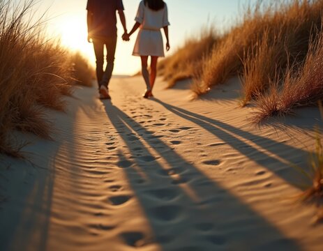 Couple holding hands walks along sandy beach path surrounded by tall grass. Man and woman walk away from camera into sunset. Shadows cast long on sand.
