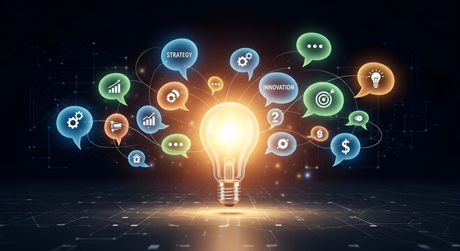 Glowing lightbulb surrounded by colorful speech bubbles with business related icons inside