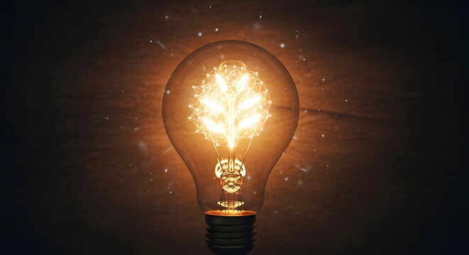 Close up of a glowing light bulb with a complex filament design in a dark environment