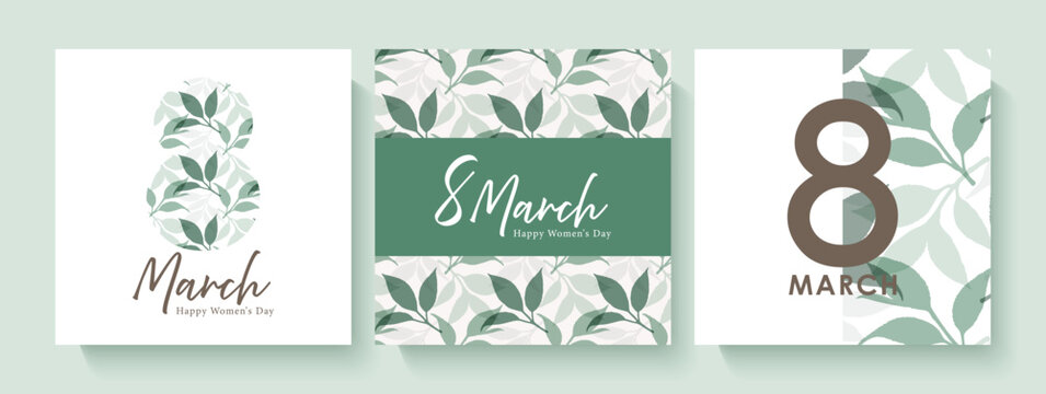 Square greeting cards collection for Women's day. Botanical spring green design greeting cards or web banners