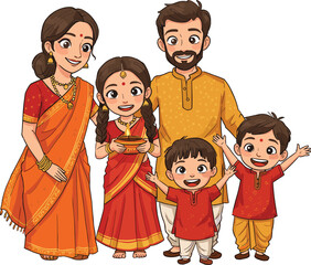 Indian family celebration, traditional attire, cultural festival, Diwali illustration, joyful gathering, saree and kurta, festive lamp, heritage art, family tradition,