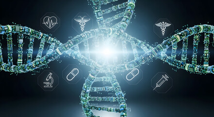 A digital dna helix with medical icons against a dark background with a central bright light