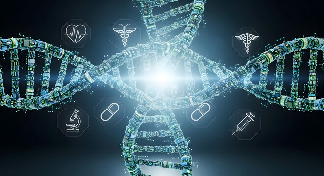 A digital dna helix with medical icons against a dark background with a central bright light - Powered by Adobe