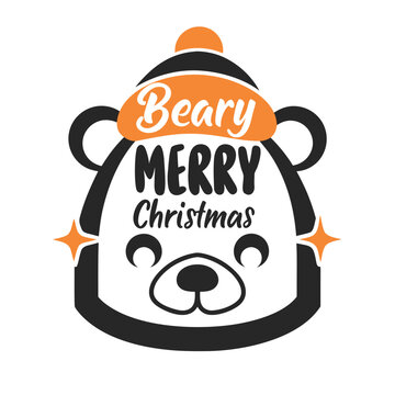 Whimsical Beary Merry Christmas Illustration with Festive Hat and Cheerful Design