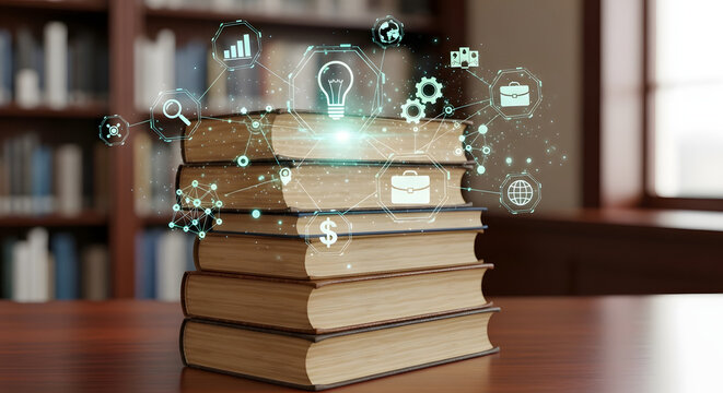 Stack of books on a table with digital icons representing business and knowledge concept ideas