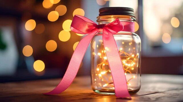 Glass jar with pink ribbon and lights festive celebration concept