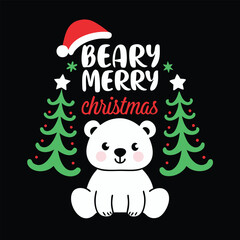 Beary Merry Christmas T-shirt Design with Cute Polar Bear