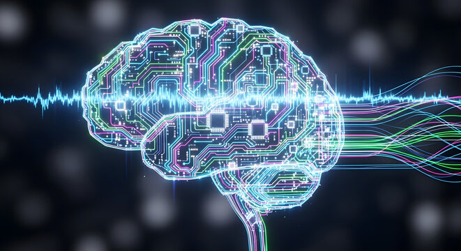 Glowing digital brain with circuit board pattern and colorful wave signals on dark background