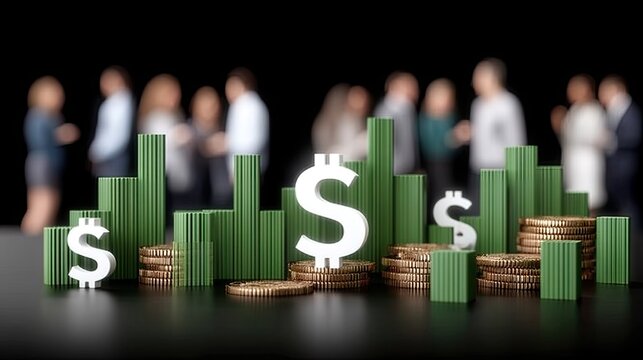 Innovative trading concept featuring green candlestick chart with dollar signs and Bitcoin symbols against a dark background