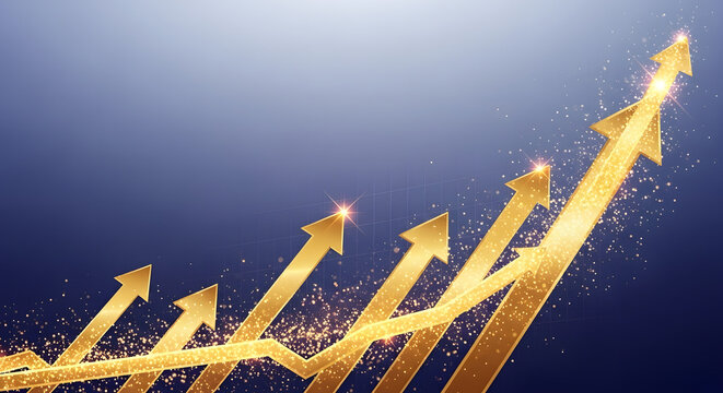 Golden arrows pointing upwards with shimmering particles on a gradient blue background design