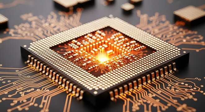 Close up view of a microchip with glowing center and intricate circuit patterns around it