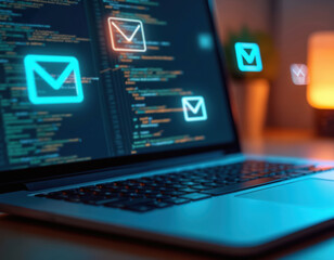Laptop screen displays email icons and code. Communication concept online. Newsletter marketing theme social network messaging. Digital technology tech for business web app UI.