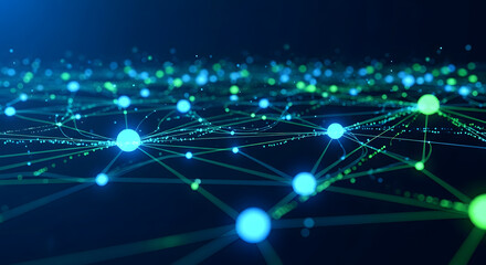 Abstract network background with glowing blue and green spheres connected by lines