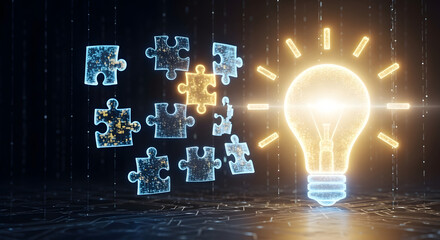 A glowing lightbulb with puzzle pieces floating near it on a dark background concept art