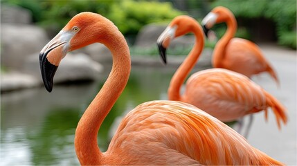 Flamingos wading in tranquil waters while foraging for food during soft light at a tropical wetland location