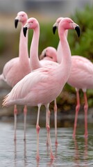 Naklejka premium Flamingos wading in tranquil waters while foraging for food during soft light at a tropical wetland location