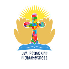 Christian logo concept. Creative cross with open book and open hands, colorful pattern with isolated clipping mask. Church ministry symbol. Charitable organization identity icon template.