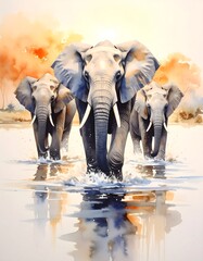 Watercolor painting of elephants in a body of water