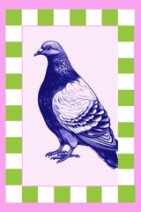 Vintage bird vintage poster with pastel checkered frame, retro hand drawn style for decor prints, cards, and art collectors.