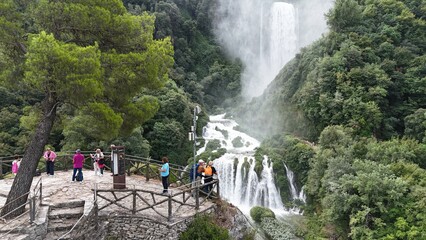 Drone aerial view of Cascate delle Marmore, Umbria, one of Europe’s tallest man-made waterfalls...