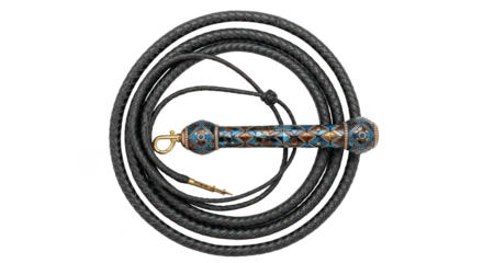 Ornate medieval whip with metal handle isolated on transparent background