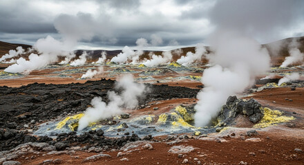 Dramatic landscape of geothermal area in iceland with steaming vents, sulfur deposits, and volcanic rocks under a cloudy sky, creating a surreal and otherworldly scene