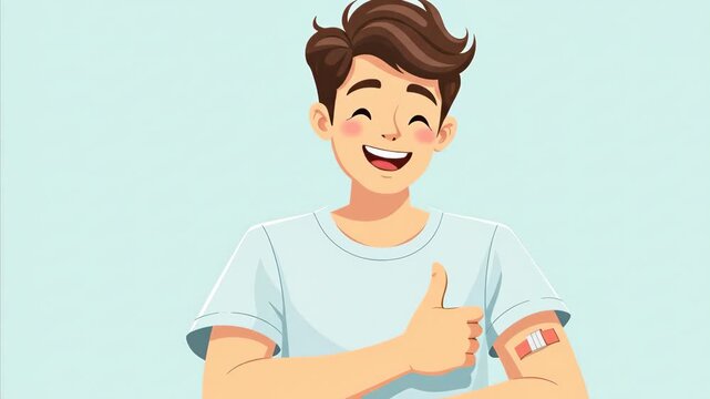 cartoon illustration of young smiling man in t-shirt showing arm with band-aid after vaccination with covid-19 vaccine, giving thumbs up. healthcare, coronavirus pandemic prevention, immunization