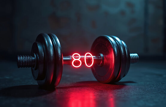 Dumbbell is illuminated with neon light showing 80 pounds weight in dark gym. It presents sport workout equipment for fitness and resistance activity on health lifestyle. Concept of strength training.