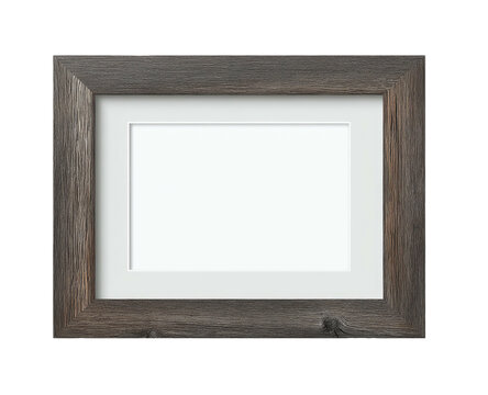 A gray-toned wooden picture frame with a white mat and empty center, isolated on black