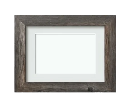 A gray-toned wooden picture frame with a white mat and empty center, isolated on black