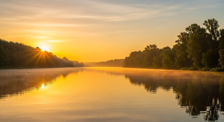 Fototapeta premium Sunrise over the tranquil river, with the suns rays piercing through the trees and reflecting on the misty water, creating a serene and picturesque landscape