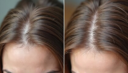 Close up comparison shows woman scalp, hair. Left side thinner hair, right side displays fuller hair. Illustrates successful regrowth, density improvement, effective treatment for hair loss,