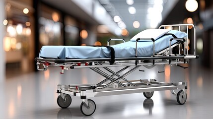 Hospital corridor features a gurney with a blue sheet and black belt, highlighting medical readiness and care environment