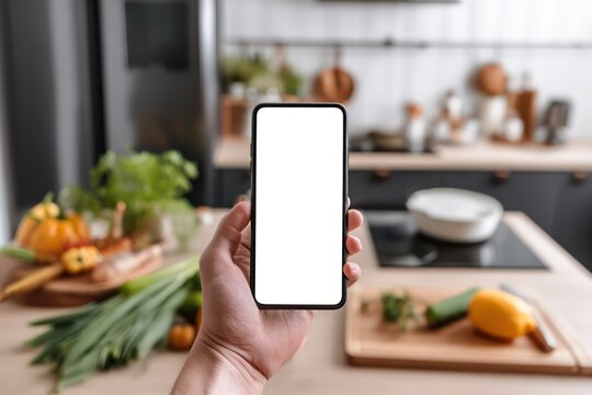 Holding Phone with White Screen Mockup in Modern Kitchen