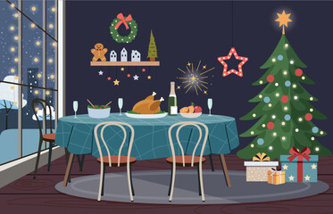Living room Christmas interior. Festive food table, Christmas tree,  window and gift boxes. Vector flat illustration