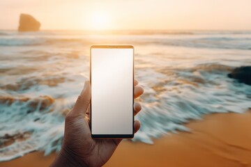 Phone White Screen Mockup Held Near Ocean Waves at Sunset
