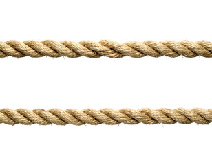 Two parallel strands of thick manila rope twisted horizontally, emphasizing the rope's natural texture and weaving, isolated on a transparent background.