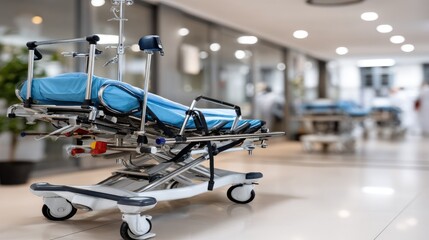 Fototapeta premium Hospital corridor features a gurney with a blue sheet and black belt, highlighting medical readiness and care environment