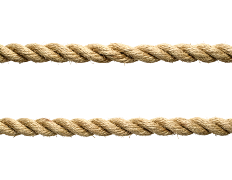 Two parallel strands of thick manila rope twisted horizontally, emphasizing the rope's natural texture and weaving, isolated on a transparent background.