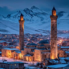 Historical Erzurum City View: &Uuml;&ccedil; K&uuml;mbetler and &Ccedil;ifte Minareli Medrese at Winter Twilight