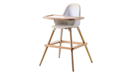 Modern minimalist high chair for babies and toddlers neutral tones isolated product shot