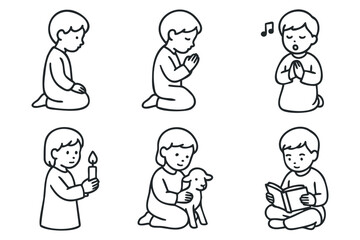 Naklejka premium Kids in worship activities, illustrated in line art style. Set of 6 black Christmas icons