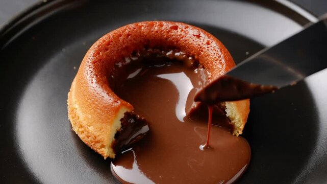 A chocolate lava cake is cut. The melted chocolate slowly drips onto a matte black plate.