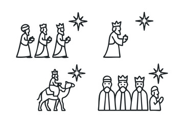 Three wise men travel across the desert to reach the nativity scene. Set of 6 black Christmas icons