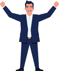 Cartoon businessman, four arms, celebration pose, surreal illustration, success concept, excited character, humorous design, energy expression, achievement symbol, joyful emotion,