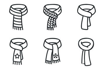 Different styles of scarves for winter fashion and warmth. Set of 6 black Christmas icons