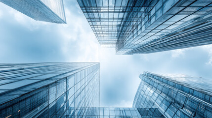 Looking up at modern skyscrapers against a bright, cloudy sky. An upward perspective showcases the sleek design of contemporary skyscrapers, creating a sense of height and grandeur under a bright sky