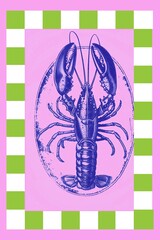 Vintage lobster vintage illustration with pastel checkered frame, retro hand drawn style for decor, prints, cards, and art collectors.