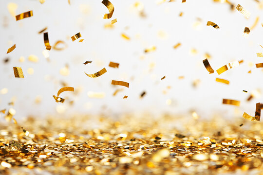 Golden confetti on a clean white background.